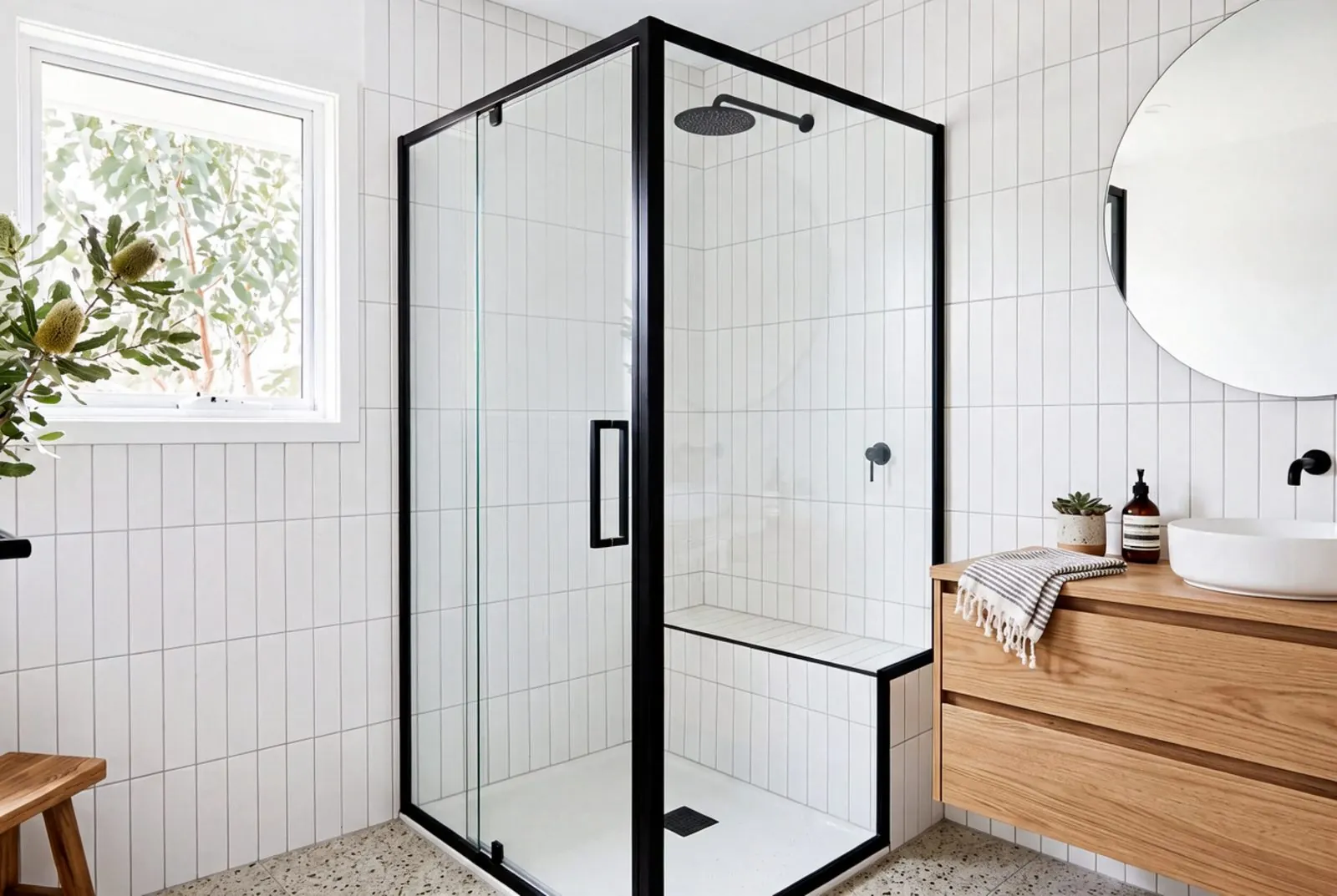 Fully framed shower screen in black