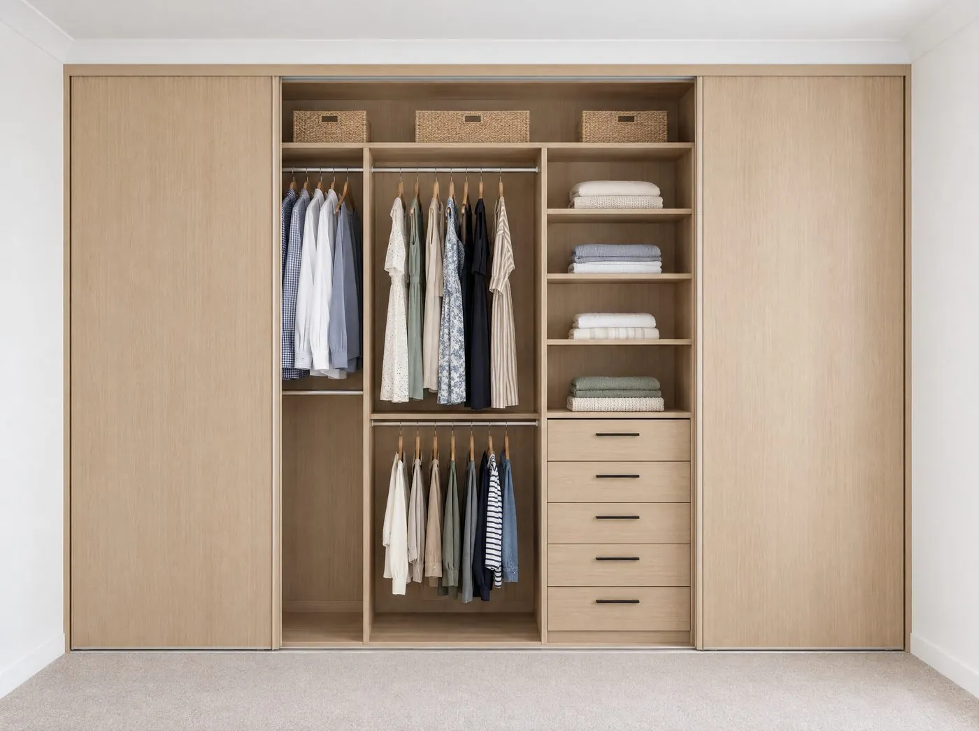 Built-in wardrobe with an oak-tone interior, hanging, shelves and drawers, sliding doors open