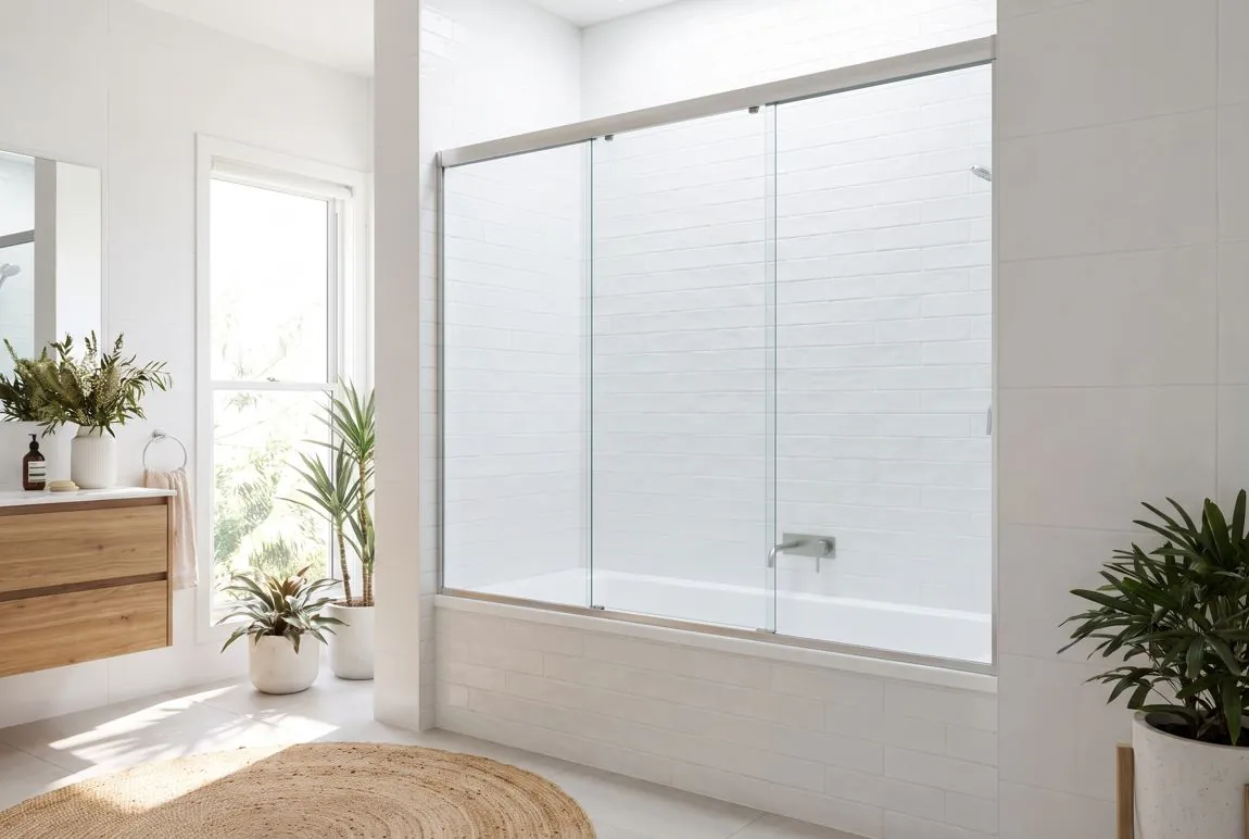 Three-door sliding shower screen in a bathroom