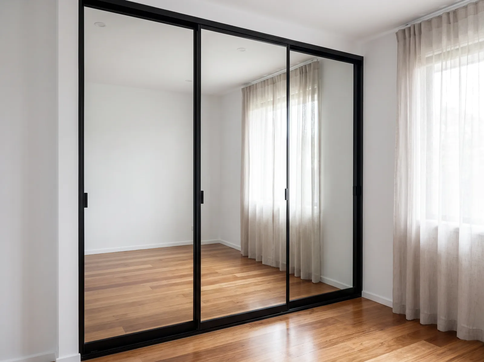 Mirrored sliding wardrobe doors in a slim black frame