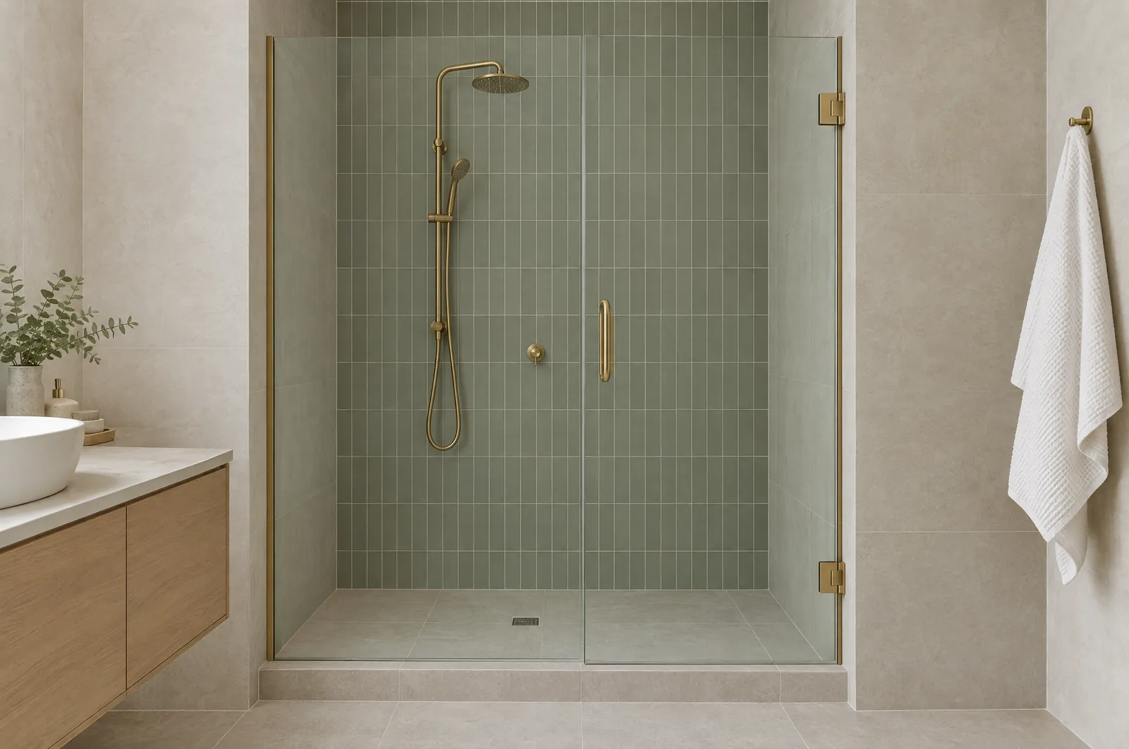 Semi-frameless shower screen with brushed brass channels and sage green tiles